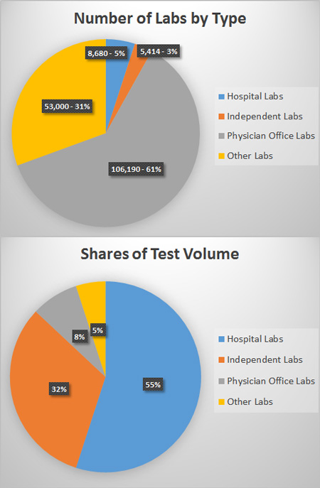 Charts showing number of labs and their respective shares in test volume